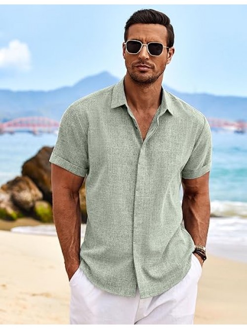 Men's Linen Shirts Short Sleeve Casual Shirts Butt...