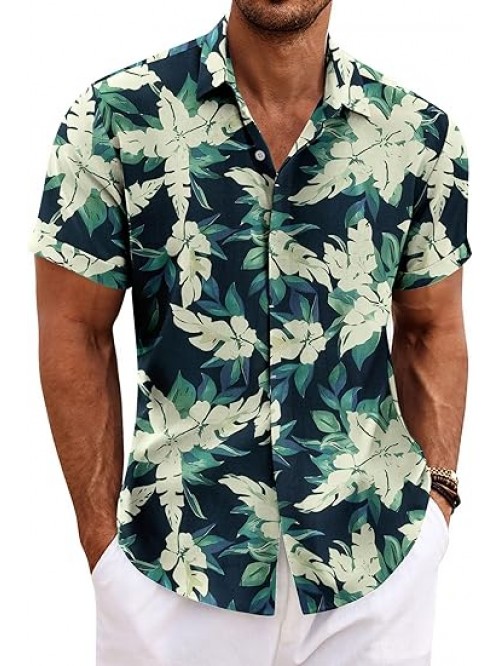  Blue-white Floral Men's Linen Shirts Short Sleeve...