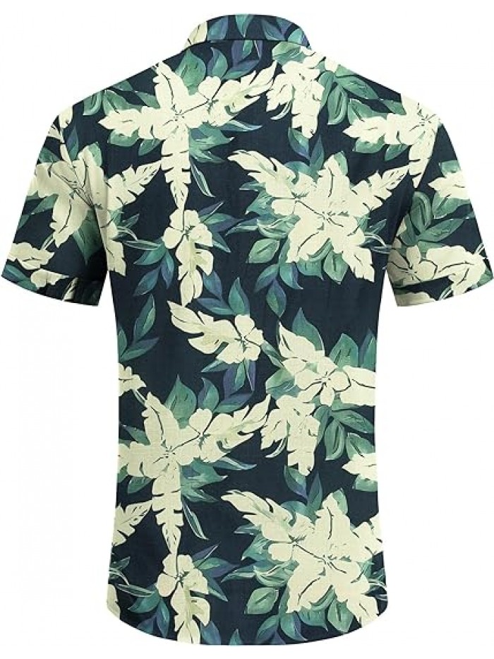  Blue-white Floral Men's Linen Shirts Short Sleeve Casual Shirts Button Down Shirt for Men Beach Summer Wedding Shirt