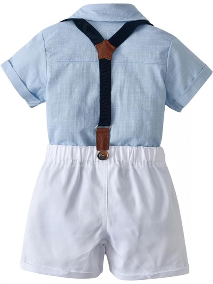 Baby Boys Gentleman Shorts Sets, Infant Outfits Suits, Shirt+Shorts+Bow Tie+Suspenders