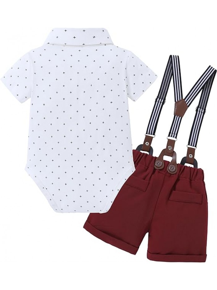 Baby Boy Clothes Suit Infant Short Sleeve Gentleman Outfits Dress Shirt+Bowtie+Suspender Shorts 0-18M