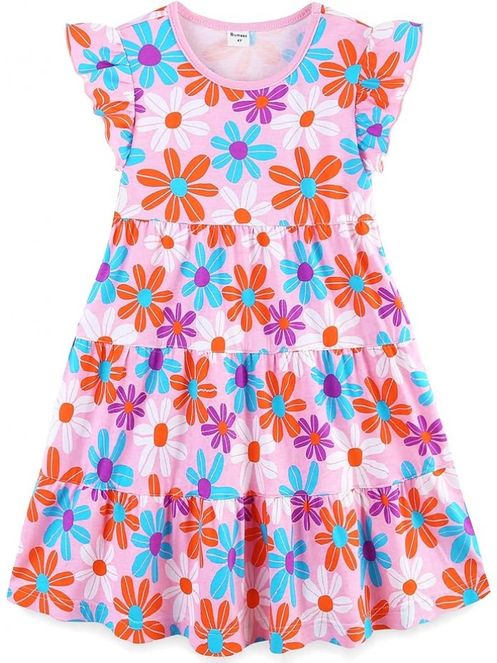 Girl's Summer Dresses Cotton Ruffle Sleeve Tiered Swing A-Line Cute Midi Casual Sundress with Pockets